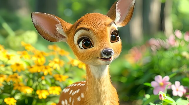 A charming animated fawn with big expressive eyes stands among colorful flowers in a sunny forest.