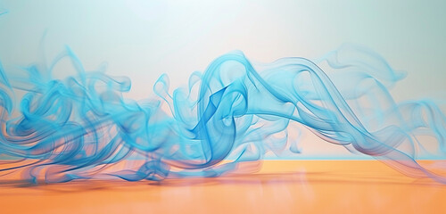 Vibrant blue smoke abstract background wafts over a pale orange floor.