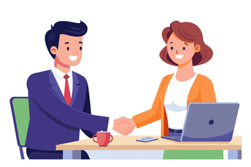 Obraz premium Happy mature businesswoman shaking hands with younger business partner man at meeting sitting at large co-working table smiling laughing giving handshake thanking colleague for help support modern