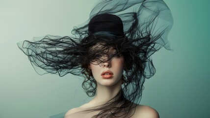 Photo of High fashion portrait of woman with a hat made of hair.