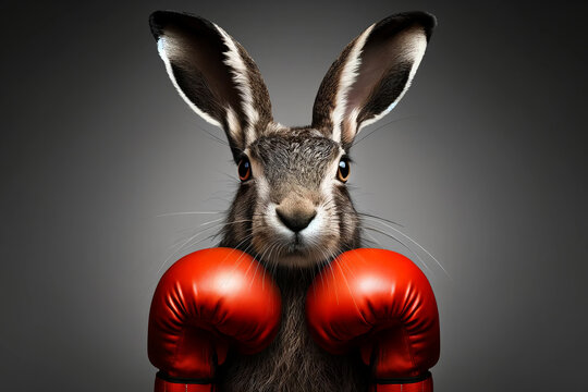 portrait of a hare in boxing gloves on a gray background