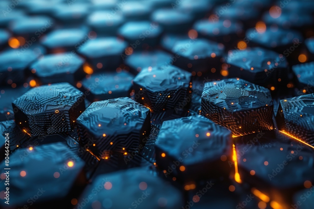 Poster an advanced technological hexagonal pattern with glowing red lights, emphasizing sophisticated cyber