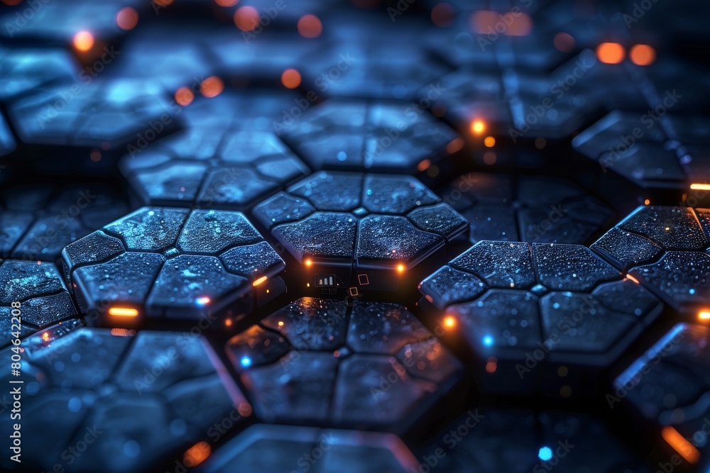 Poster this image shows a dark blue hexagonal pattern with glowing lines suggest modern tech or computer ci