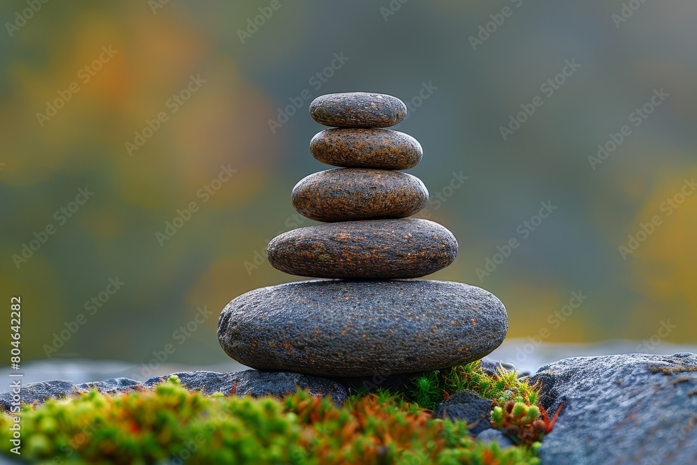 Poster a serene setting with stacked smooth pebbles representing balance, representing the concept of zen a