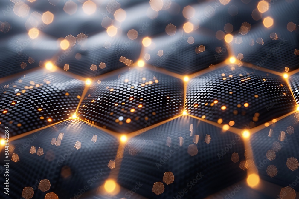 Poster this image captures a close view of a blue hexagonal grid with glowing edges, creating a digital and