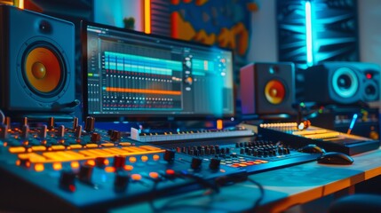 A music producer sits at his mixing console in his home studio, surrounded by speakers and other equipment. - obrazy, fototapety, plakaty