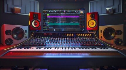 A music producer sits at a mixing console in a recording studio, surrounded by speakers and other equipment.