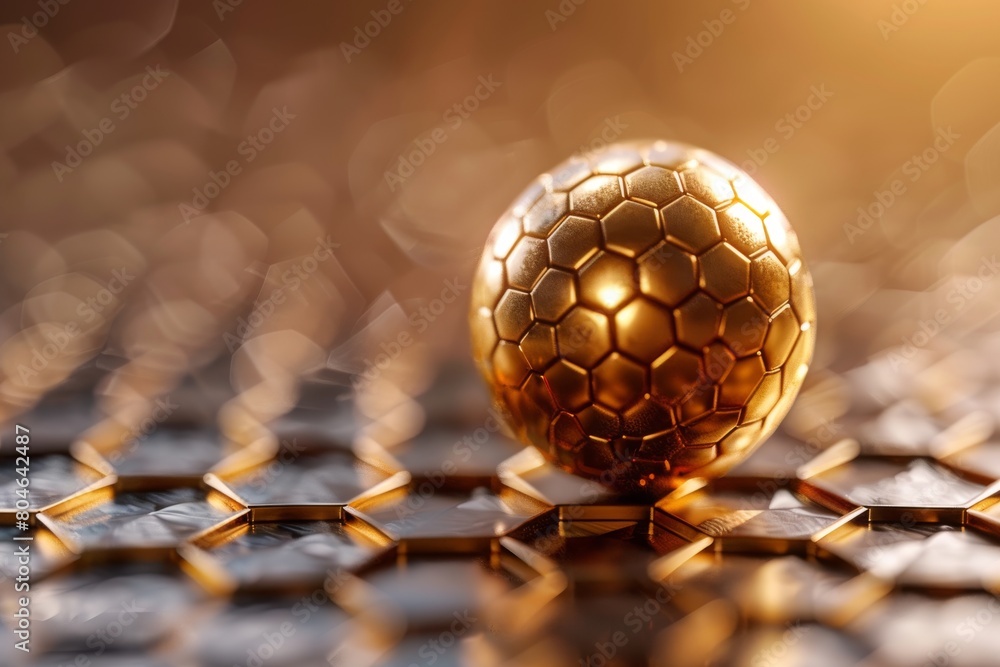 Poster a single golden hexagonal orb sits atop a geometric patterned surface, symbolizing wealth, innovatio