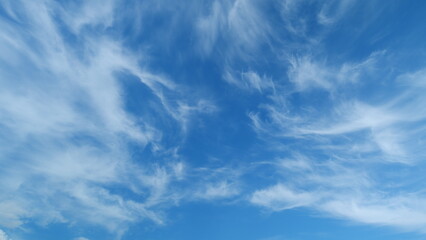 Obraz premium White cirrus or cirrostratus cloudscape on beautiful sunny clear sky. Tropical summer sunlight. Timelapse.