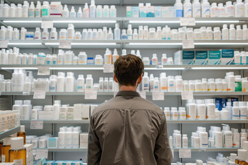 Fototapeta premium Customer browsing products on pharmacy shelves in city retail building. Generative AI