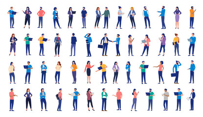 Office businesspeople collection - Large group of diverse business people in various poses working with computers and devices. Flat design vector illustration set with white background - obrazy, fototapety, plakaty