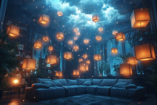 An ethereal and magical atmosphere is created in a cozy living room setting with floating glowing cube lanterns against a starry night backdrop