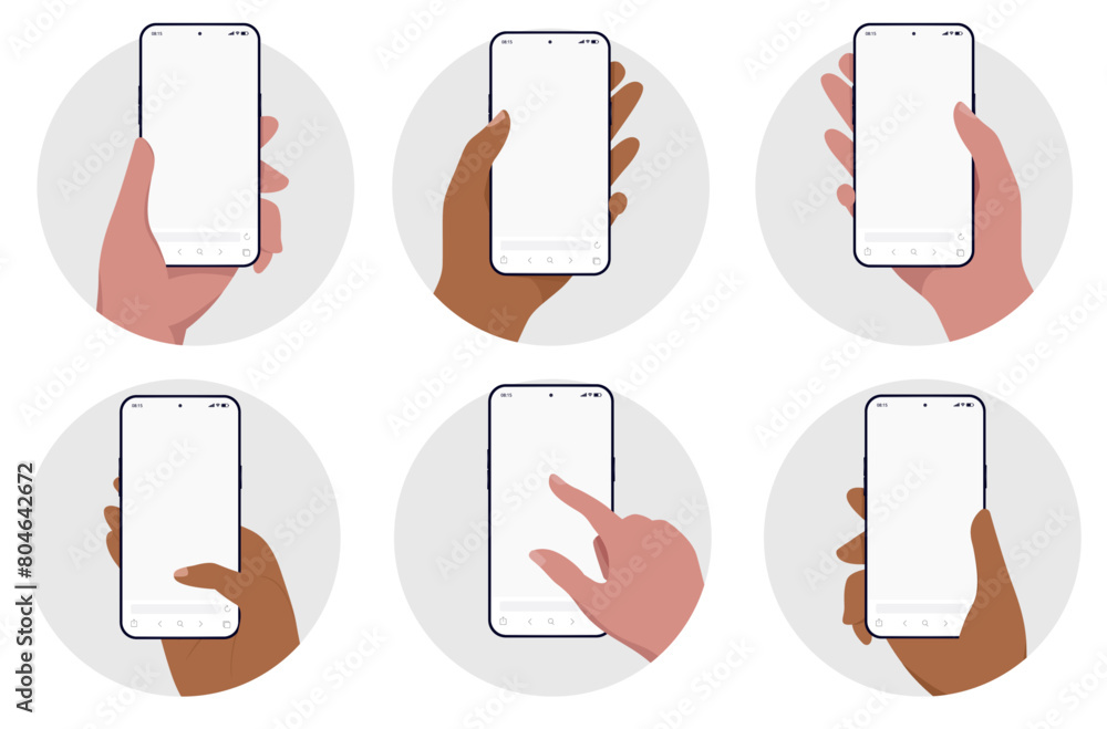 Leinwandbilder hand holding mobile phone vector mockups - template illustration of in oval frames with diverse hand