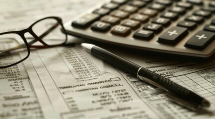 Close-up of calculator, pen, and eyeglasses on financial documents