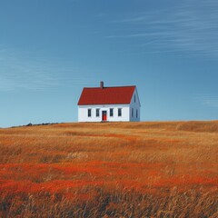 Obraz premium Small house in a field with red poppies and blue sky