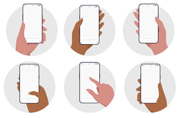 Hand holding mobile phone vector mockups - Template illustration of  in oval frames with diverse hands using smartphones with blank empty screen in flat design front view design graphic