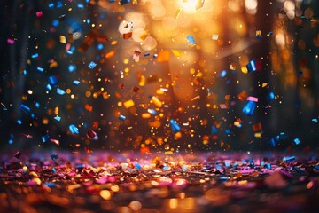 Colorful confetti and tinsel on bokeh background.