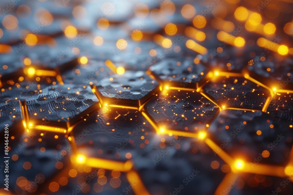 Poster close-up of a dark hexagonal pattern with vibrant yellow lines resembling an illuminated digital cir