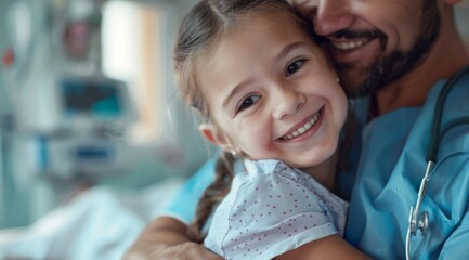 Caring nurse embracing happy child patient