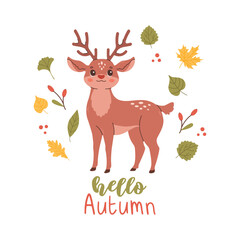 Hello autumn postcard with reindeer. Woodland card with leaves and cute forest animal deer on white background
