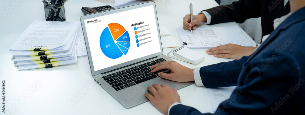 Poster business intelligence analyst team use bi software on laptop to analyze financial data dashboard. bu
