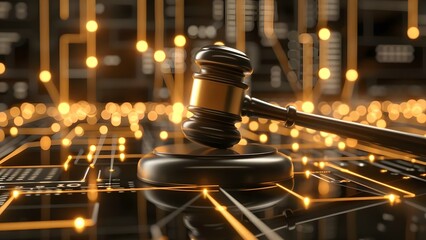 Use of Digital Gavel Enhances Legal Protection for Large Companies in Court Decisions. Concept Legal Technology, Digital Transformation, Corporate Litigation, Court Proceedings, Legal Innovation