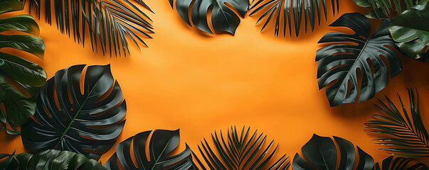 Exotic tropical palm leaves creating a natural frame with an orange center, ideal for a summer background. - Powered by Adobe
