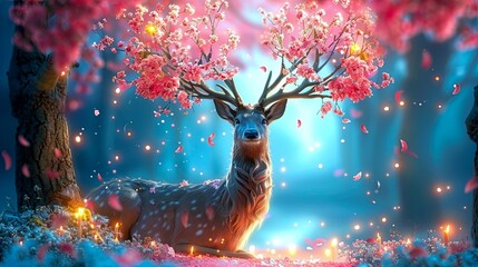The majestic stag stands in the moonlit forest, his antlers adorned with delicate cherry blossoms. The magic of the night surrounds him, and he is at peace.