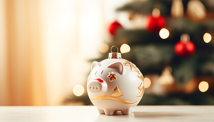 cozy Christmas tree toy in the form of a piggy bank on the New Year tree,