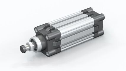 Pneumatic cylinder. Compressed air driven linear actuator on white background. 3d rendering