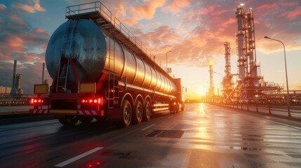Fuel tanker truck at industrial plant during sunset