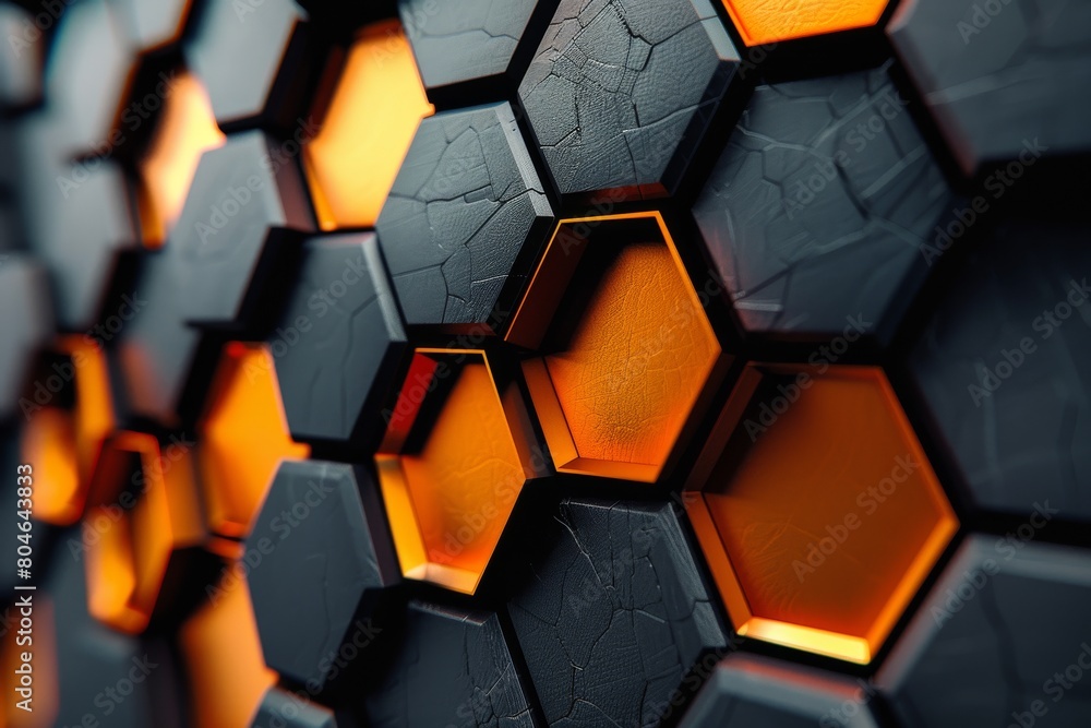 Aufkleber a close-up view of an abstract geometric pattern with 3d orange and black hexagons