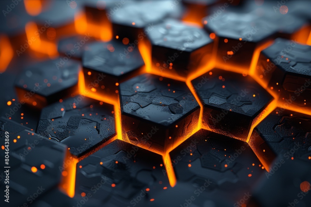 Poster this image features a close-up view of hexagonal shapes with a glowing fiery light emanating from th