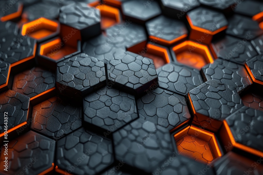 Poster a visually stimulating image of sleek black hexagonal tiles with vibrant orange edges that stand out