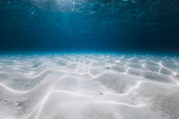 Tropical blue ocean with white sand underwater and waves