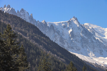 Fototapeta premium Blick vom Talengang bei Argentiere in Richtung Chamonix mit Blick zum Mont Blanc