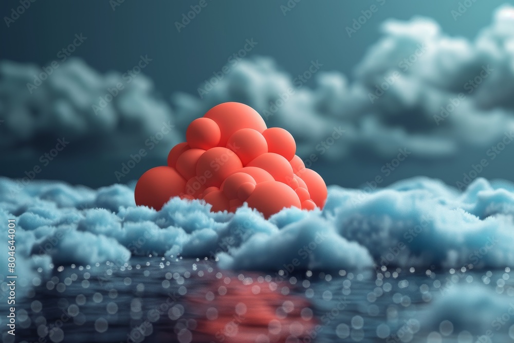 Poster A cluster of red balloon-like objects resembling a cloud formation on a misty reflective surface