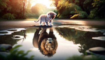 kitten looking down at a reflection of himself as lion
