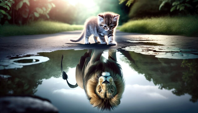 kitten looking down at a puddle reflection of himself as lion. Self belief, confidence, leadership, potential, inspiration, strength, courage concept