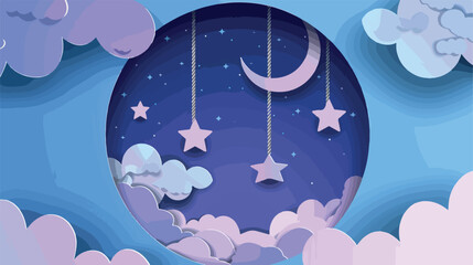 Night sky clouds round frame with stars on rope