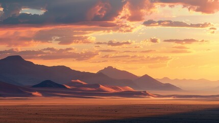 Stunning landscape of desert dunes under a colorful sunset sky