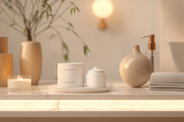 Bathroom counter featuring candles, vases, towels, and tableware. Mockup product. Generative AI