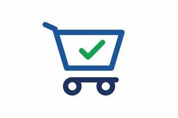 Vector illustration of a blue cart with a green checkmark representing purchase approval