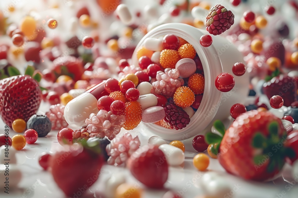 Poster a vibrant overflow of candy and fruit from a jar depicts indulgence and sweetness, creating a dynami