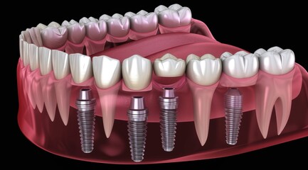 3d rendering depicting dental implants in lower jaw, highlighting oral health and dentistry