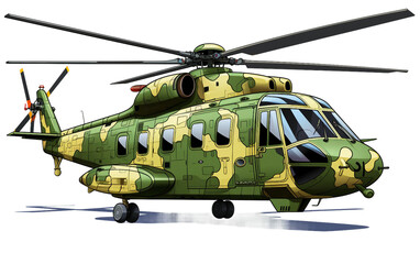 Matte Olive Military Helicopter Isolated On Transparent Background PNG.