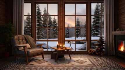 Immerse yourself in the holidays within a cozy room featuring a fireplace, stylish design, and a picturesque view of the snowy forest.