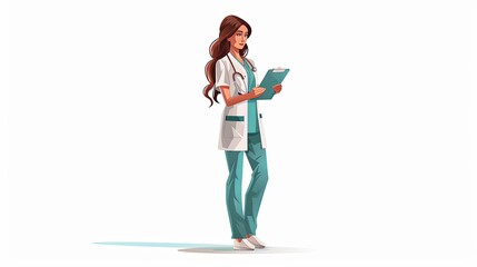 Cartoon illustration of nurse standing on white background dressed in uniform