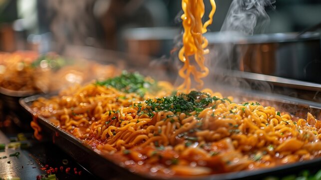 Asian street food scene, vendor cooking noodles, lively night market, copy space for text on left