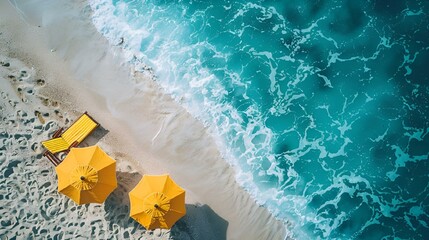 AI generated illustration of an aerial view of yellow beach umbrellas by the ocean shore